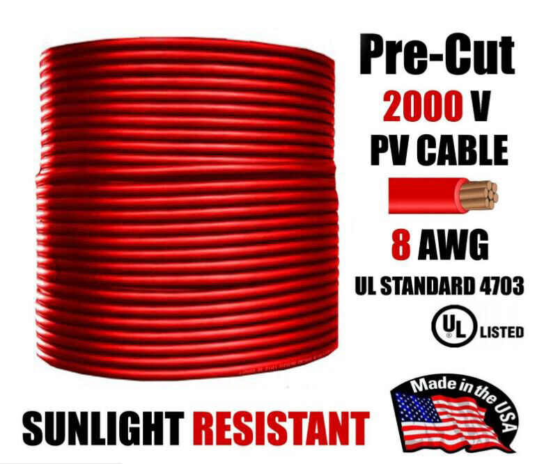 8 AWG Gauge PV Wire 1000/2000 Volt Pre-Cut 15-500 Ft Solar Installation RED
