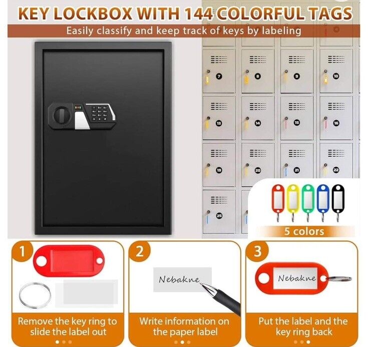 144 Keys Fireproof Key Cabinet, Anti-Theft Heavy Duty Key Lock Box READ