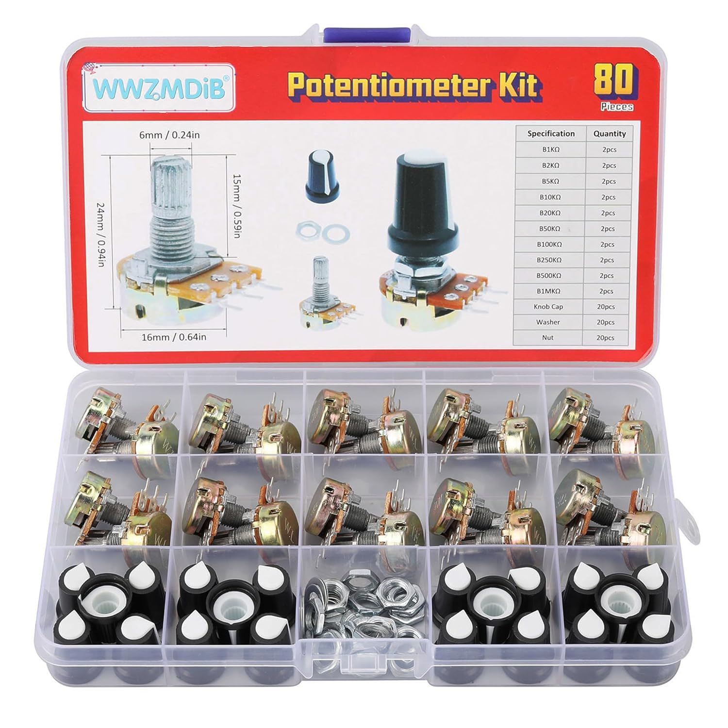 80Pcs Potentiometer Kit with Knobs B1K 2K 5K 10K 20K 50K 100K 250K 500K 1M Ohm