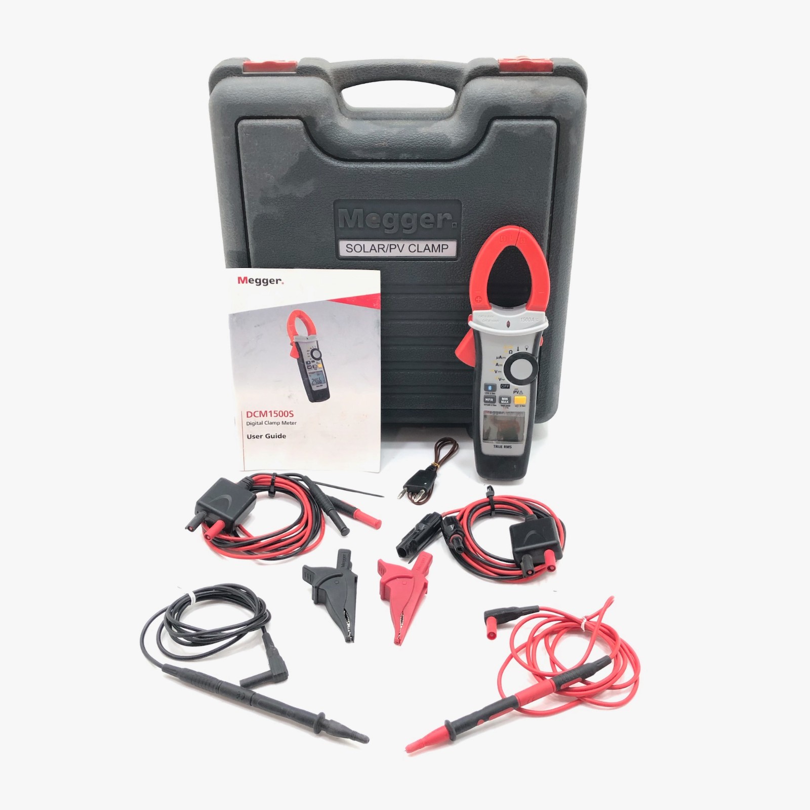 Megger DCM1500S Solar/PV Digital Clamp Meter w Probes & PVHV1 PVHV2 Leads, Case