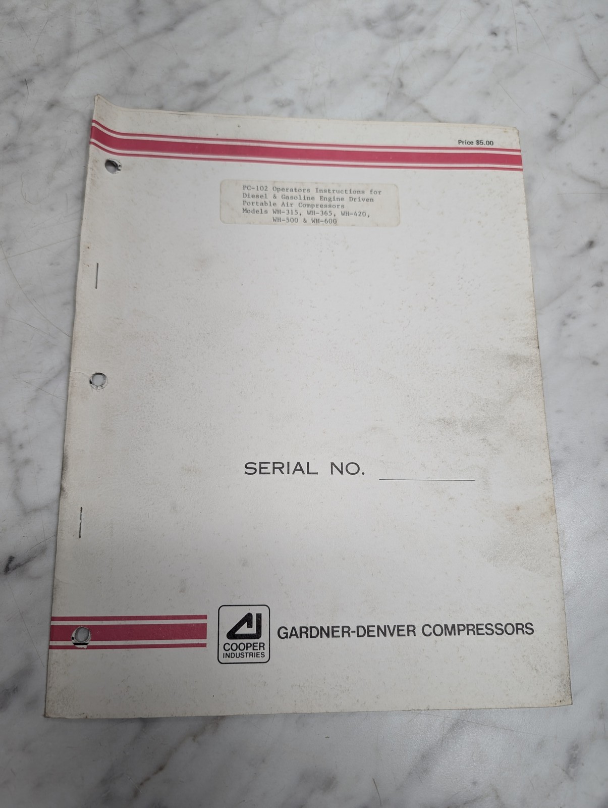 GARDNER DENVER COMPRESSORS WH 315 420 600 PC 102 PORTABLE AIR OPERATORS MANUAL GARDNER DENVER COMPRESSORS WH 315 420 600 PC 102 PORTABLE AIR OPERATORS MANUAL