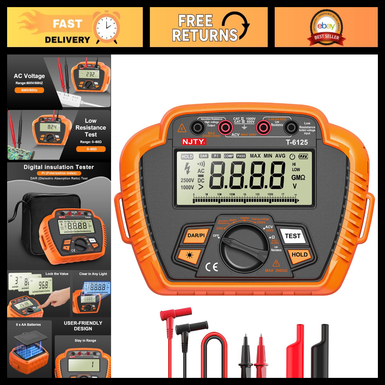Digital Insulation Resistance Tester 2500V, 0.01MΩ-200GΩ, High Accuracy, Portabl