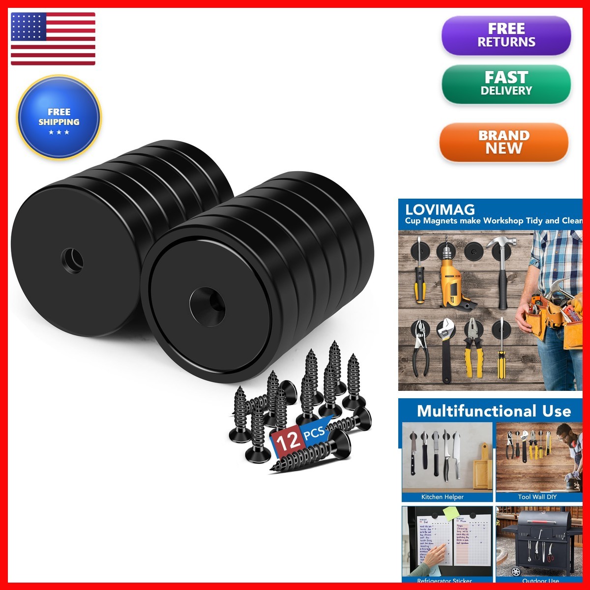 LOVIMAG Strong Magnets Heavy Duty Screw On Neodymium 150LBS Magnet 12 Pack