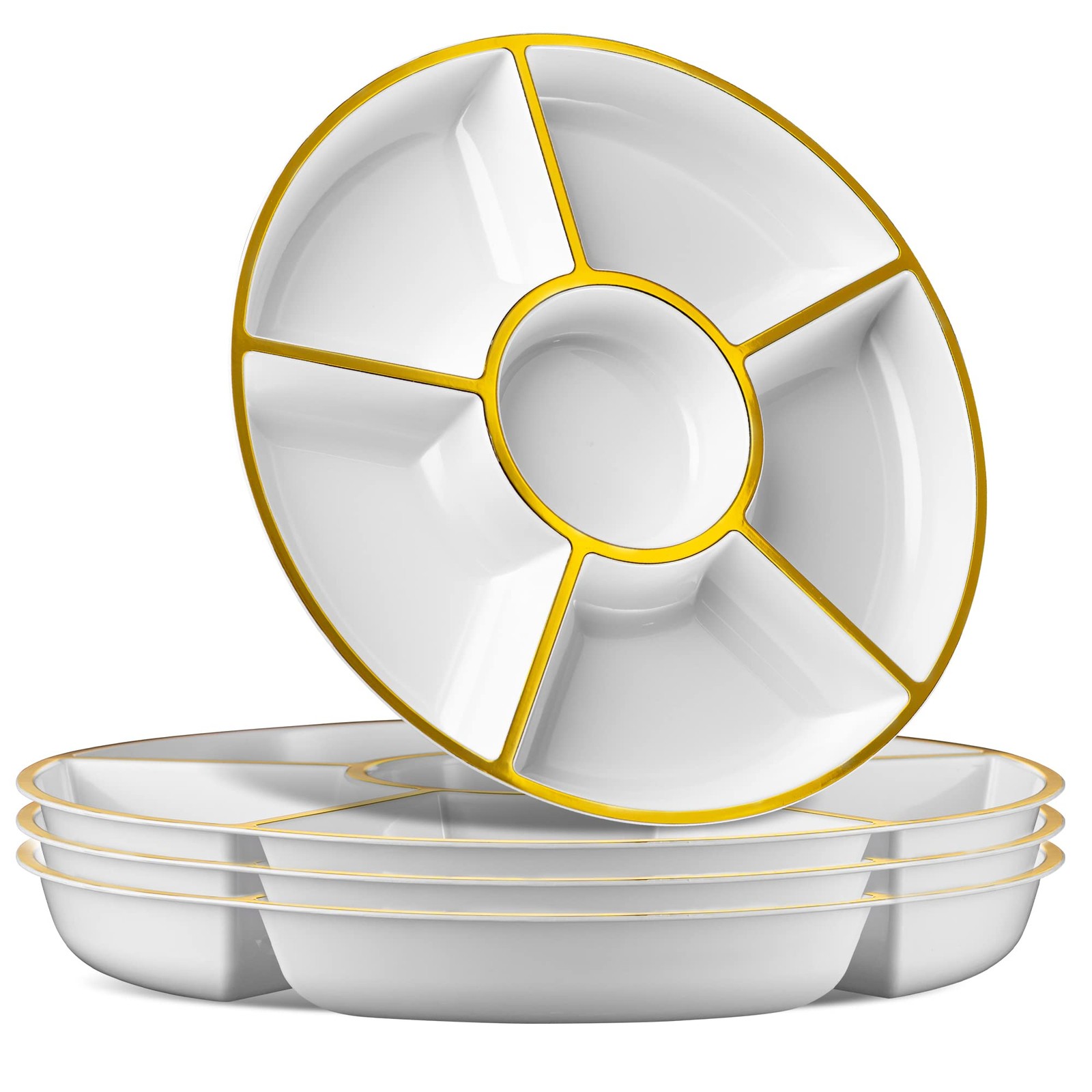 Plasticpro 6-Section Round Plastic Serving Tray Platter - White & Gold (8-Pack)