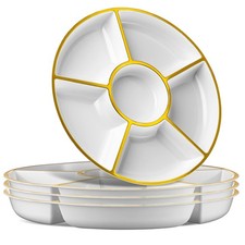 Plasticpro 6-Section Round Plastic Serving Tray Platter - White & Gold (8-Pack) picture