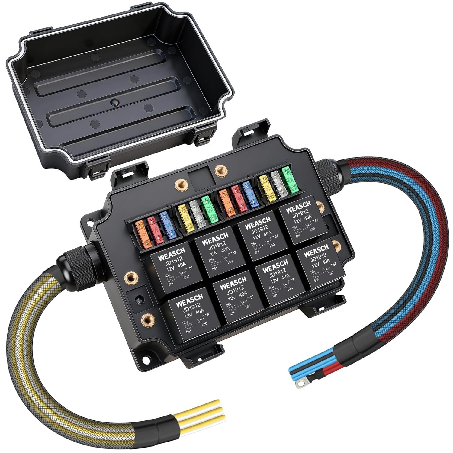 12V 12 Way Pre-Wired Waterproof Fuse Relay Box, 8 Relays and 12ATC/ATO Blade