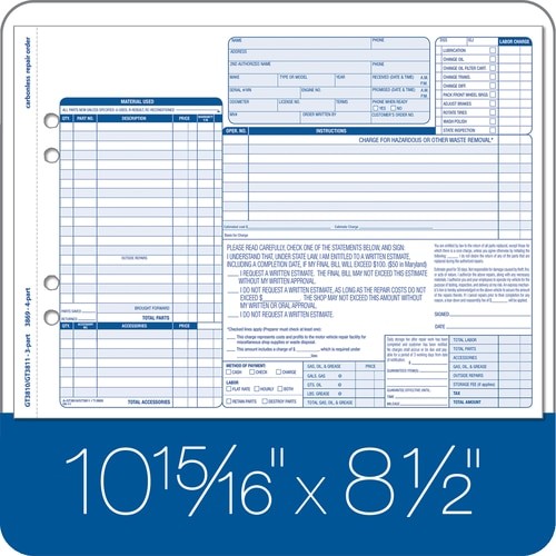 ABFGT3810 Garage Repair Order, 3-Part, Carbonless, 50/PK