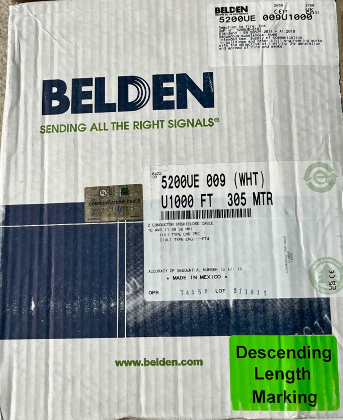 Belden Wire 5200UE-009 305 MTR 16AWG-2 conductor CMR75C Cable Riser (WHITE)