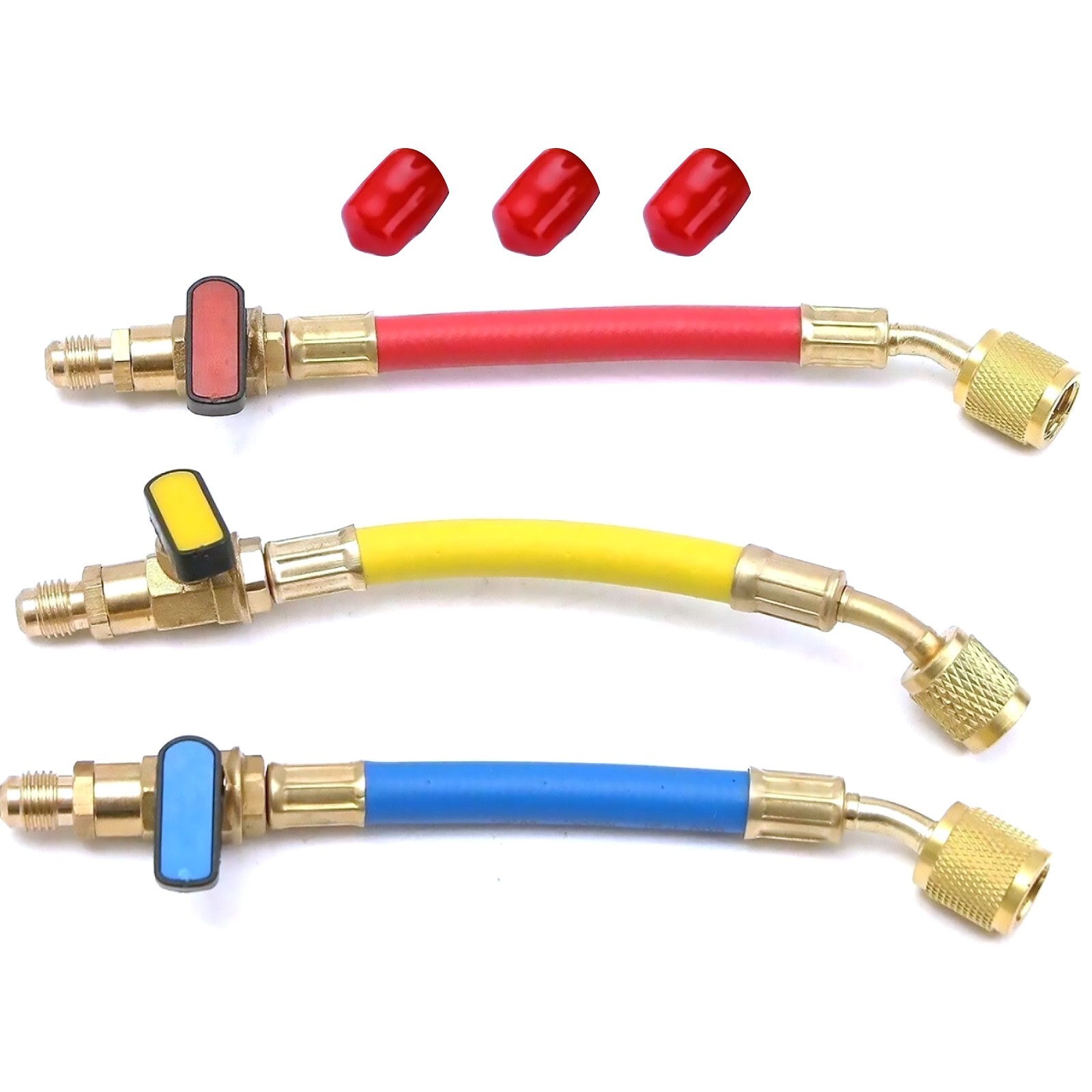 3pcs/set For R134A R410A R22 R12 Refrigerants Ball Valves Hose(Red/Yellow/Blue) 3pcs/set For R134A R410A R22 R12 Refrigerants Ball Valves Hose(Red/Yellow/Blue)
