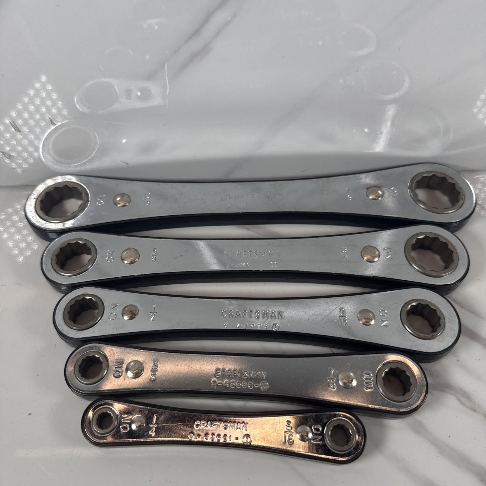 Sears Craftsman Ratcheting Box End Wrench Set SAE 9-43681 - 9-43685 New Vintage Sears Craftsman Ratcheting Box End Wrench Set SAE 9-43681 - 9-43685 New Vintage