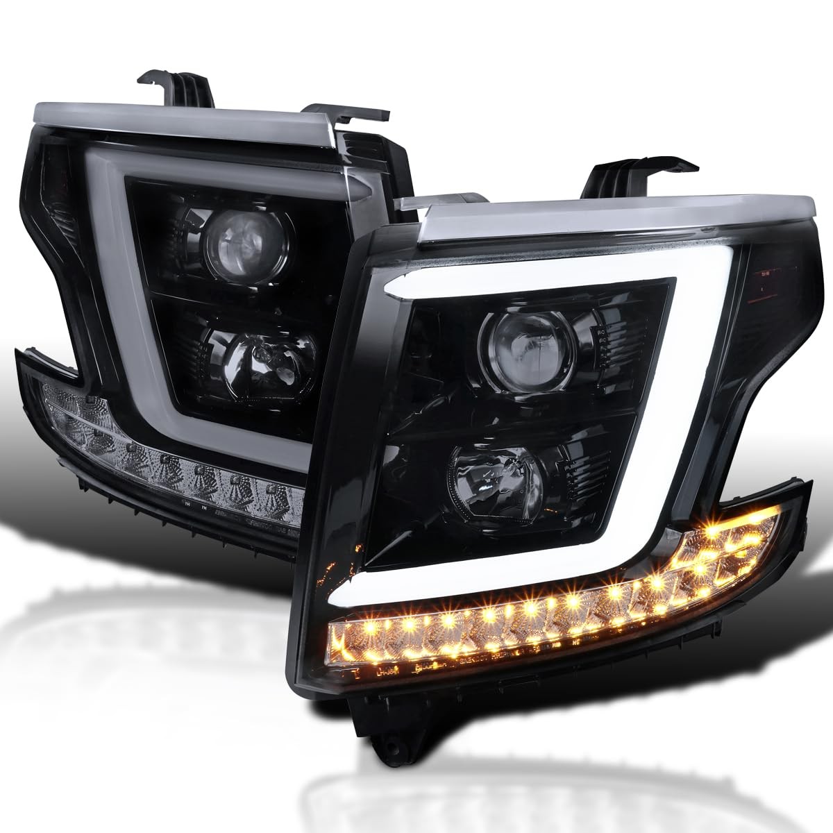 Black LED Light Bar Projector Headlights 2015-2020 Chevy Tahoe Suburban Pair