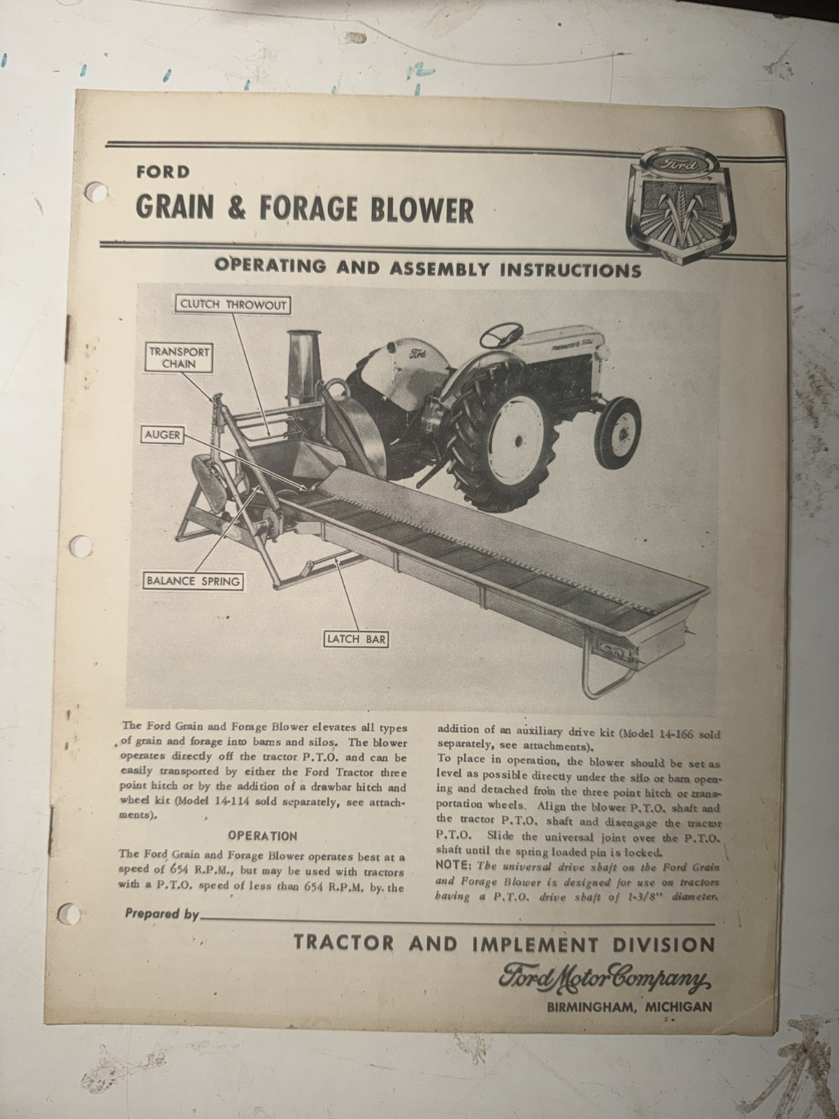 Ford Operating Instructions Grain & Forage Blower Vintage Ford Operating Instructions Grain & Forage Blower Vintage
