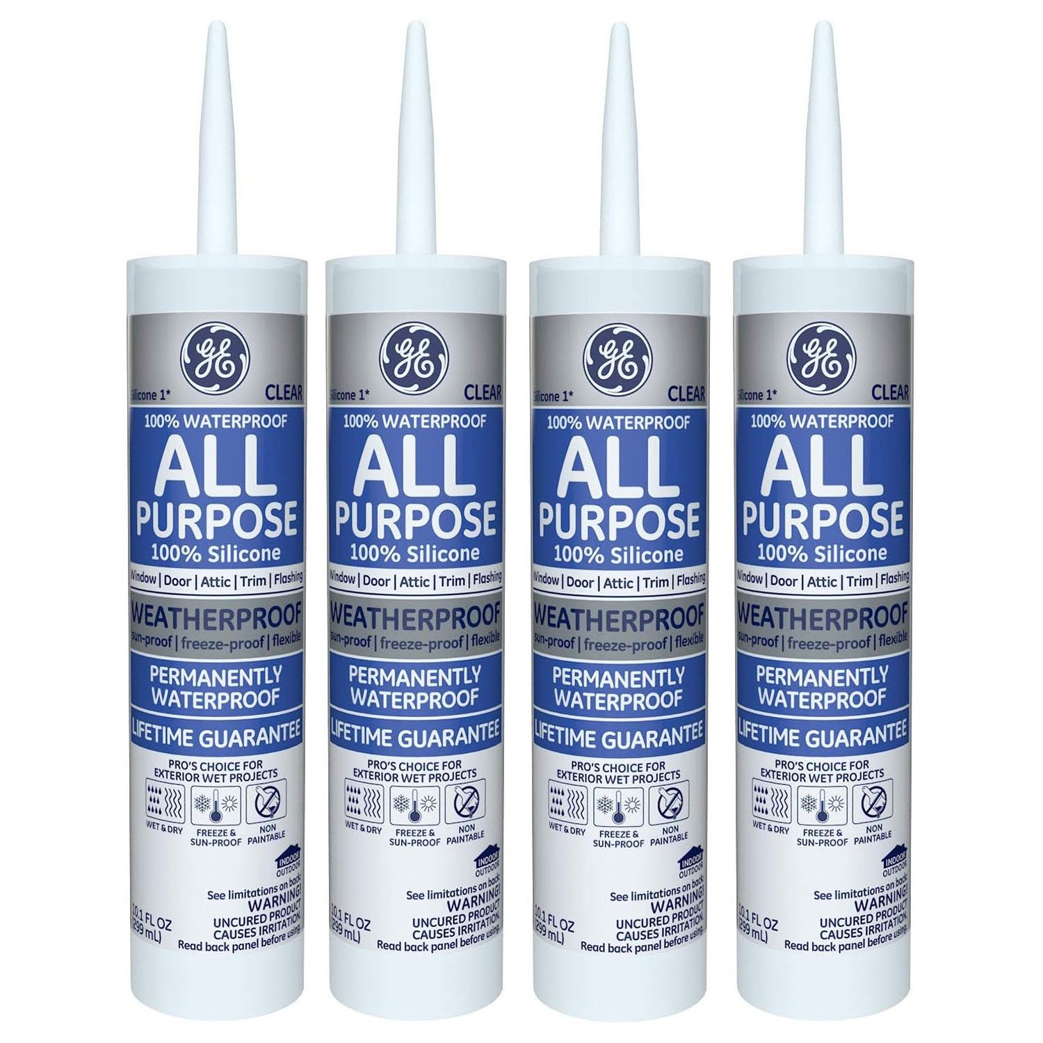 GE GE012 All Purpose Silicone Rubber Caulk 10 oz Clear Waterproof Sealant 4 Pack