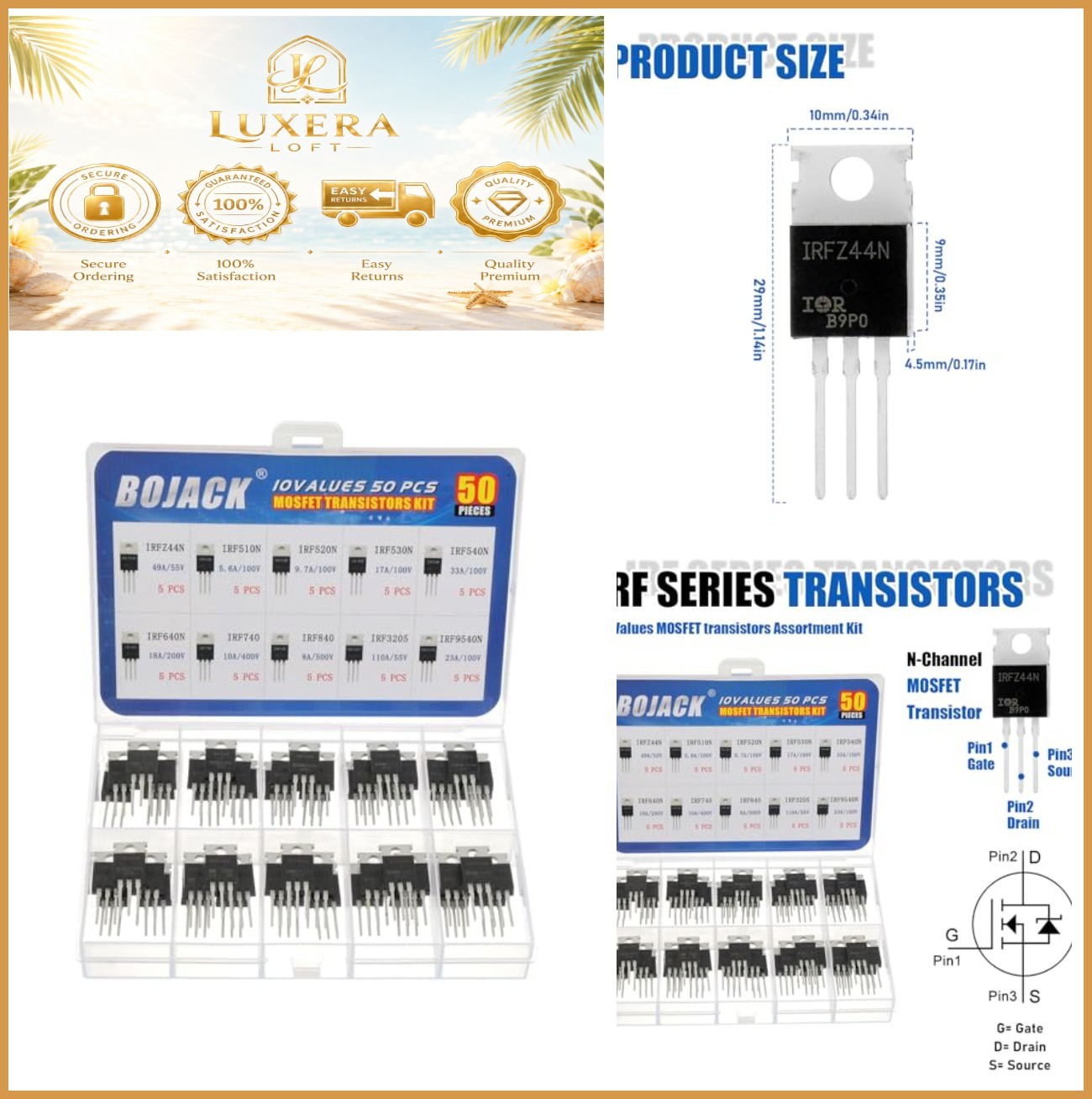 MOSFET Transistor Assortment Kit 50 Pcs 10 Values N-Channel P-Channel IRF Series MOSFET Transistor Assortment Kit 50 Pcs 10 Values N-Channel P-Channel IRF Series