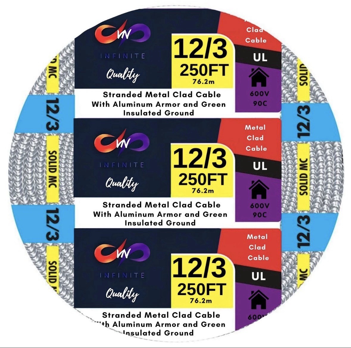 12/3 MC Alum Cable 12-Gauge 3 Solid Conductor Ground for Indoor Outdoor 250Ft