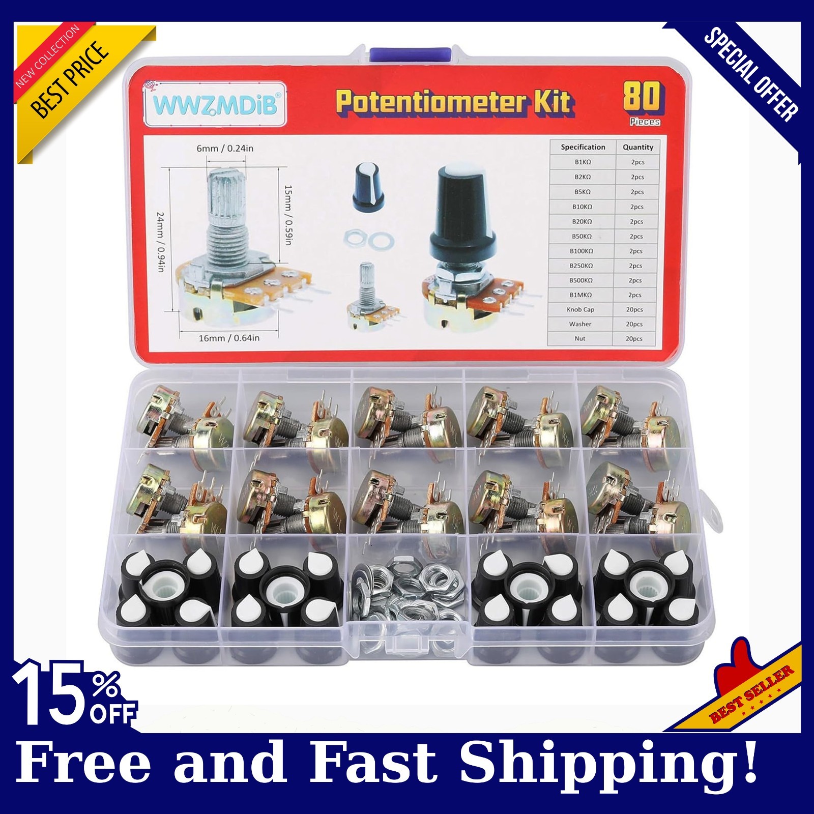 80 Pcs Potentiometer Kit with Knobs B1K 2K 5K 10K 20K 50K 100K 250K 500K 1M Ohm