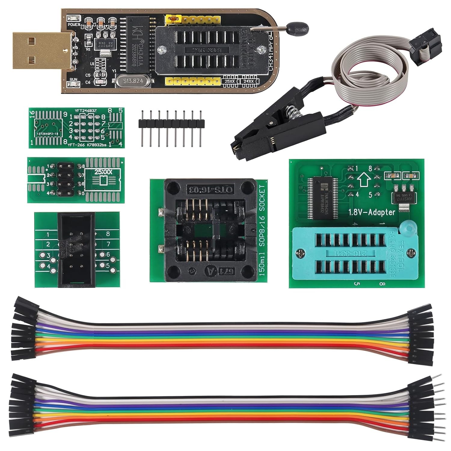 EEPROM BIOS USB Programmer CH341A + SOIC8 SOP8 Test Clip + 1.8V Adapter + SOIC8