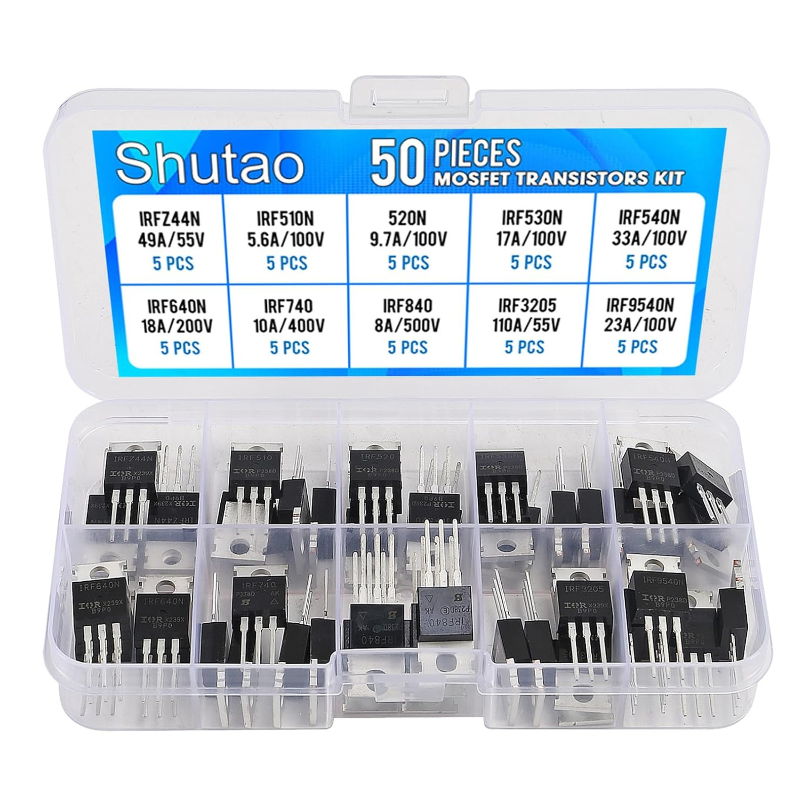 50 Pcs IRF Series Power MOSFET Transistors Assortment Kit N-Channel P-Channel 10