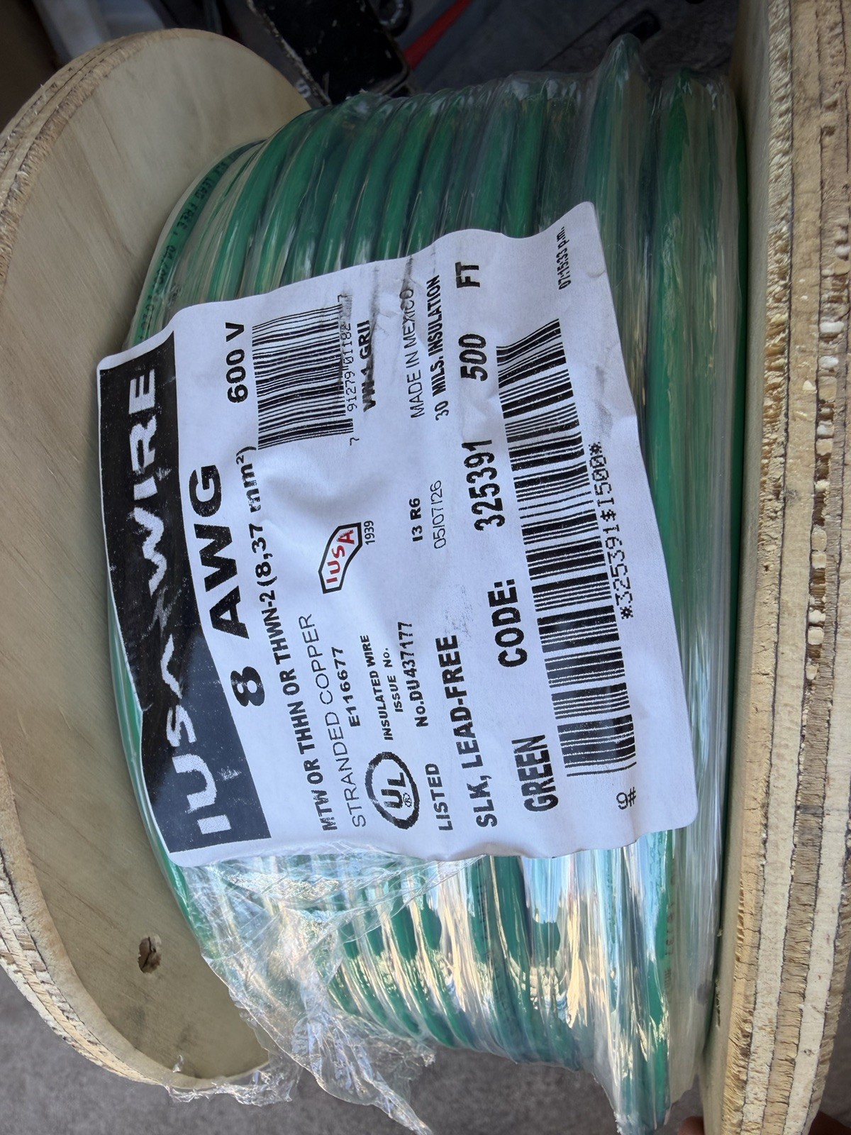 New 500’ 8 AWG THHN THWN-2 RoHS Stranded 600V Copper Wire Spool color [green]