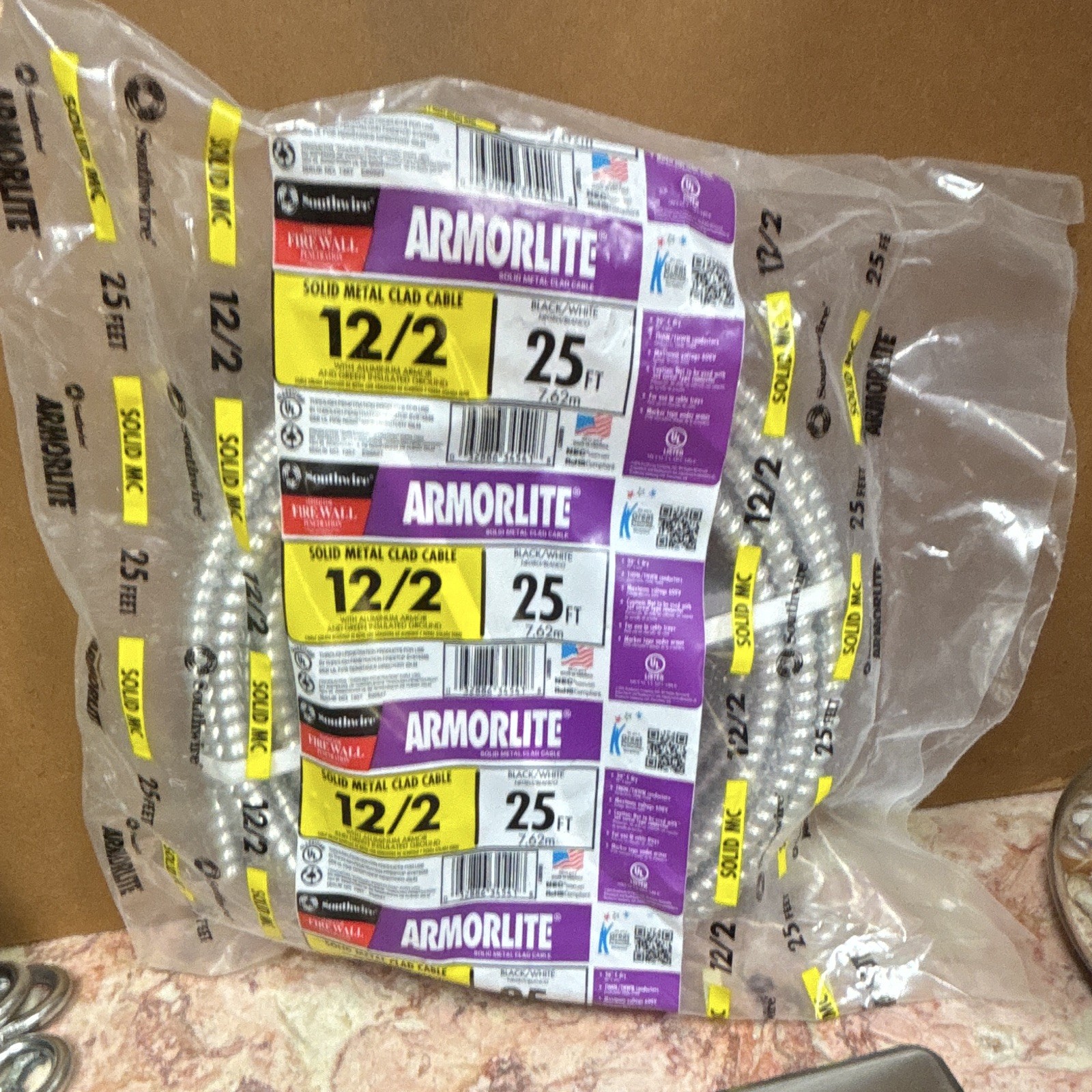 NEW Southwire ArmorLite MC 12/2 Solid Copper Metal Clad Cable 25ft 600V Flame