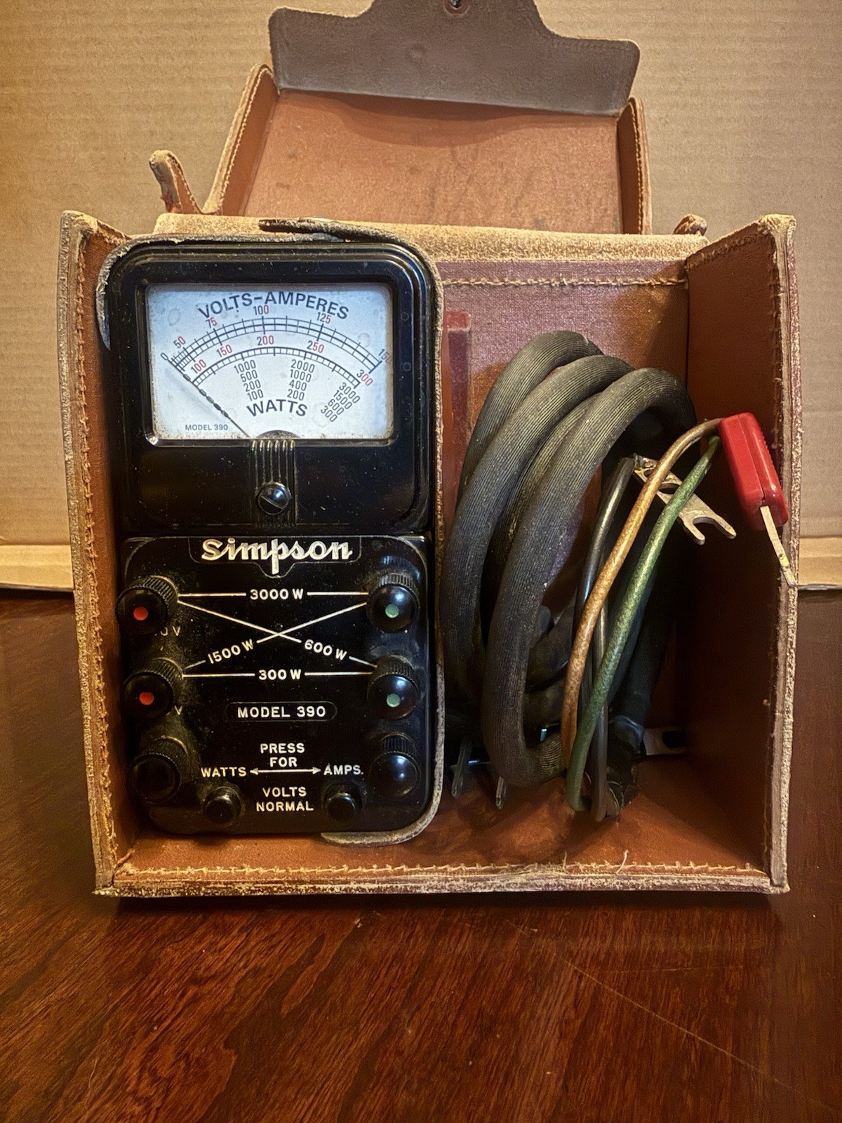 Vintage Simpson Model 390 Volt Amp Watt Meter Tester With Original Case Leads