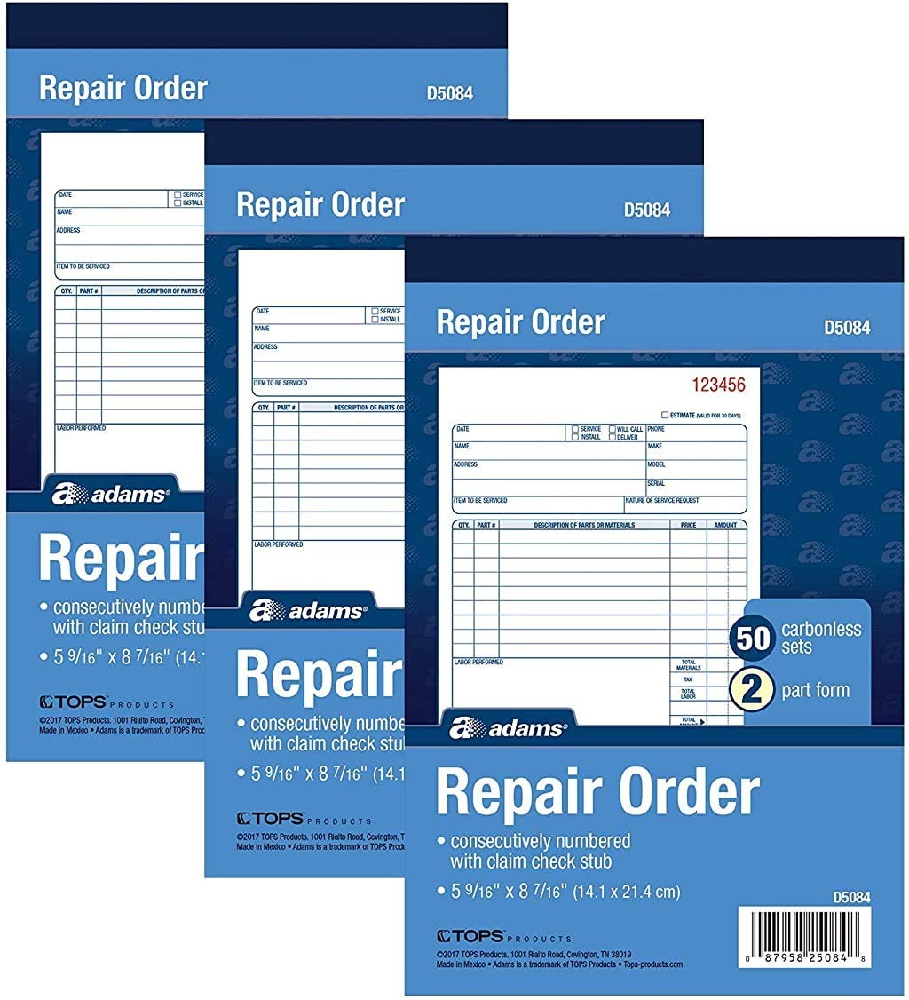 Adams Repair Order Book, Carbonless, 2-Part, 50 Sets (Pack of 10)