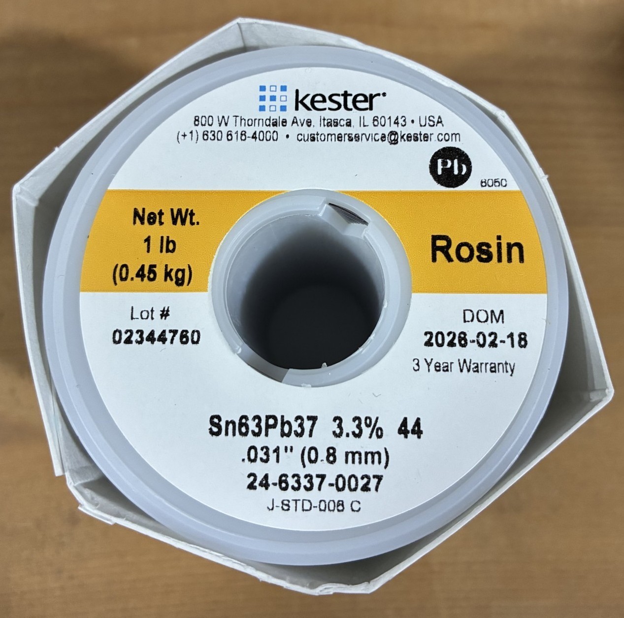Kester 24-6337-0027 Solder Wire, Rosin Core, Leaded, Sn63Pb37, 3.3%, 0.031
