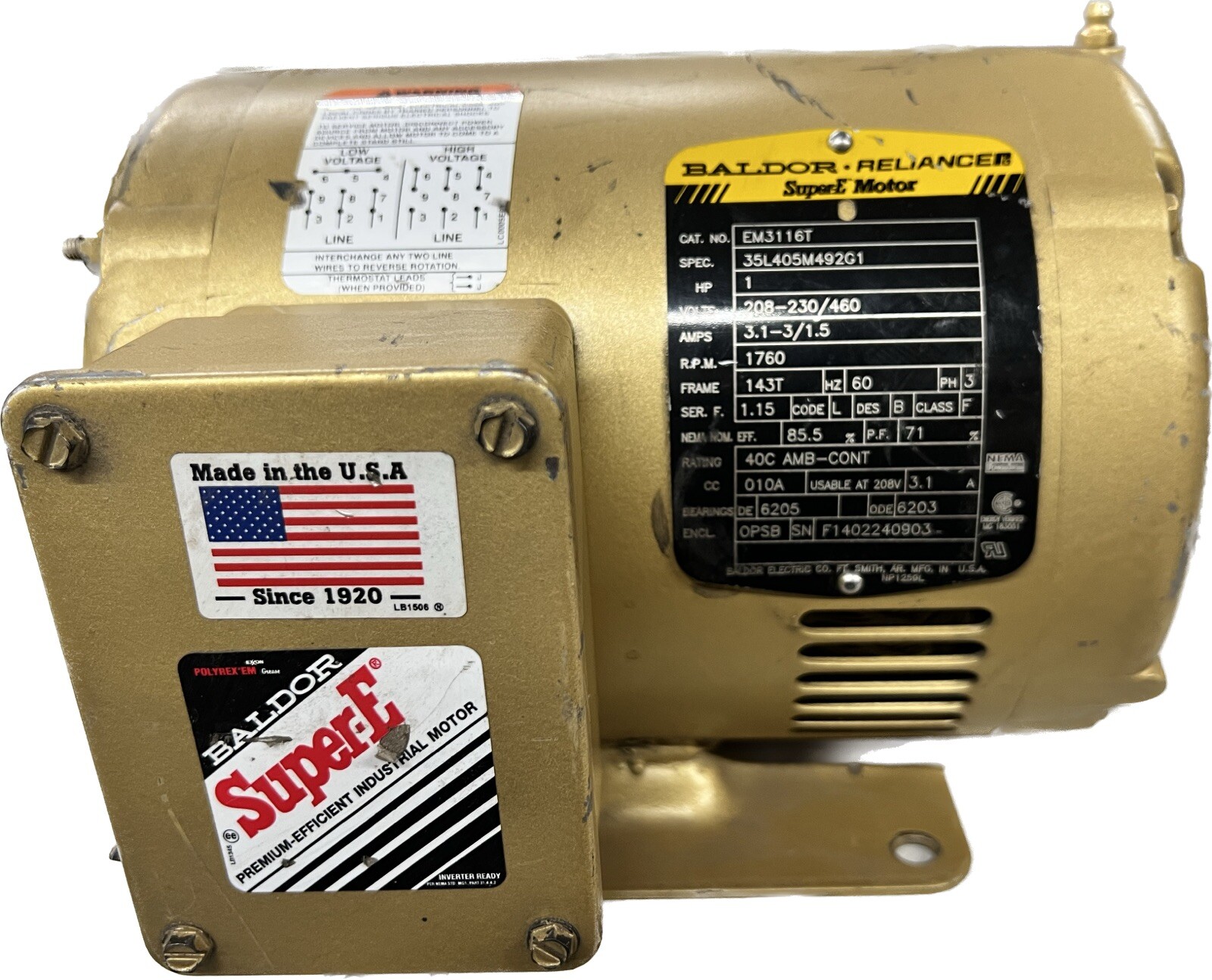Baldor Reliance EM3116T Electric Super E Motor 1HP 230/460V 3Ph 1760 RPM 143T