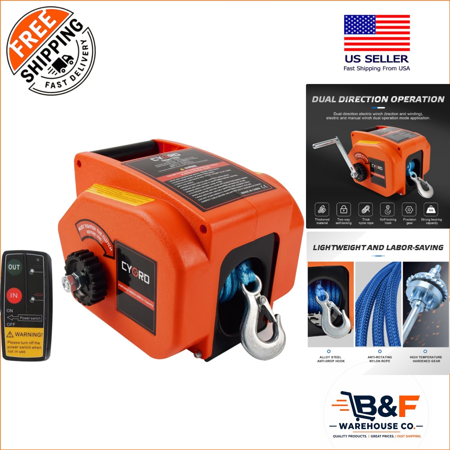 12V Reversible Electric Winch - 3500 lb Rated Pull / Up to 11000 lb Rolling Load