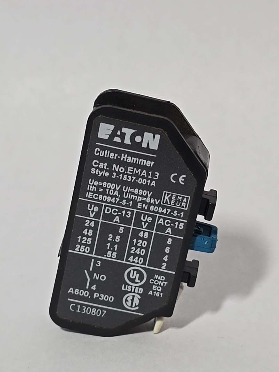 Eaton Cutler Hammer EMA13 Auxiliary Contact Block 600V 10A 6kV NO Normally Open