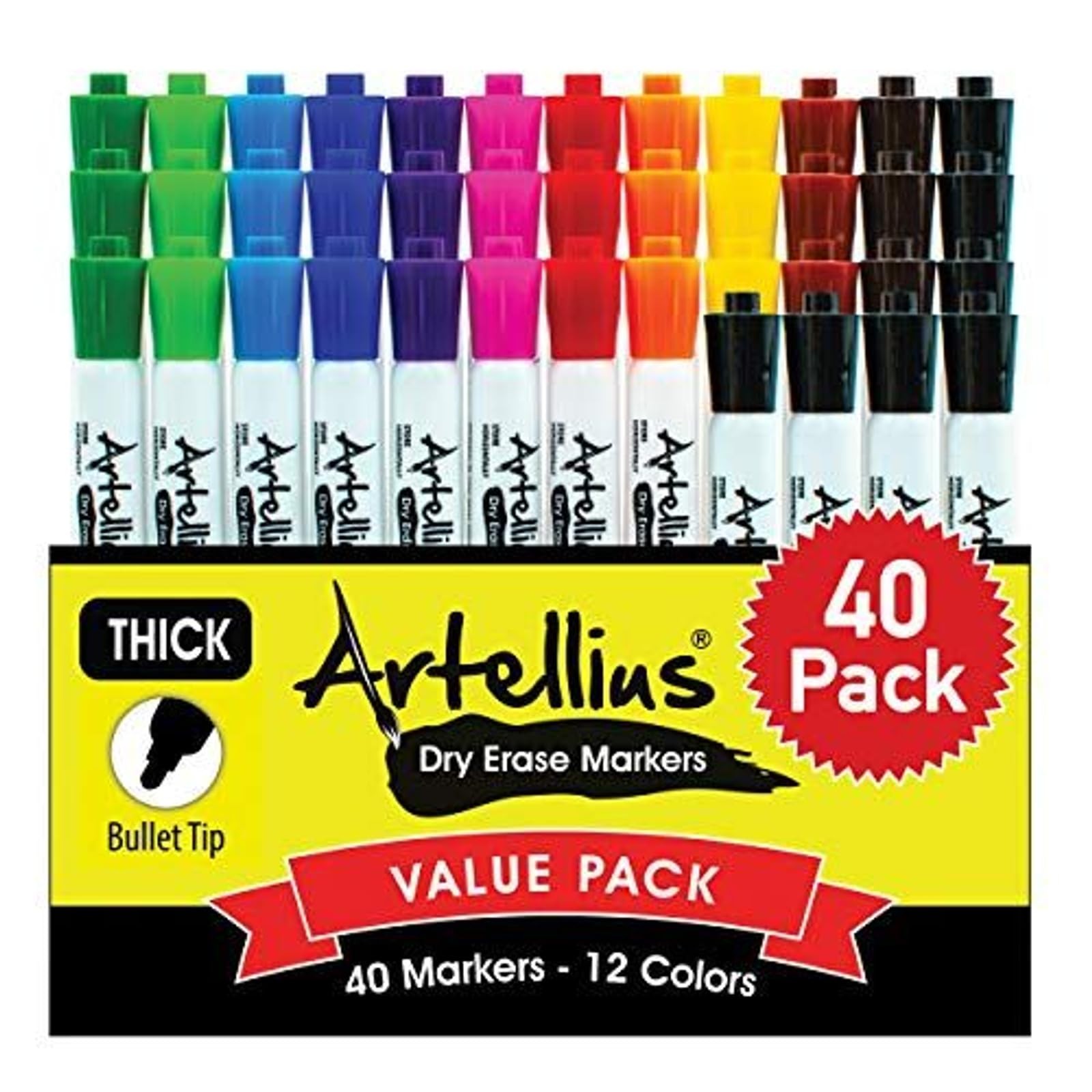 40 Pack of Dry Erase Markers (12 ASSORTED COLORS W/ 7 EXTRA BLACK)