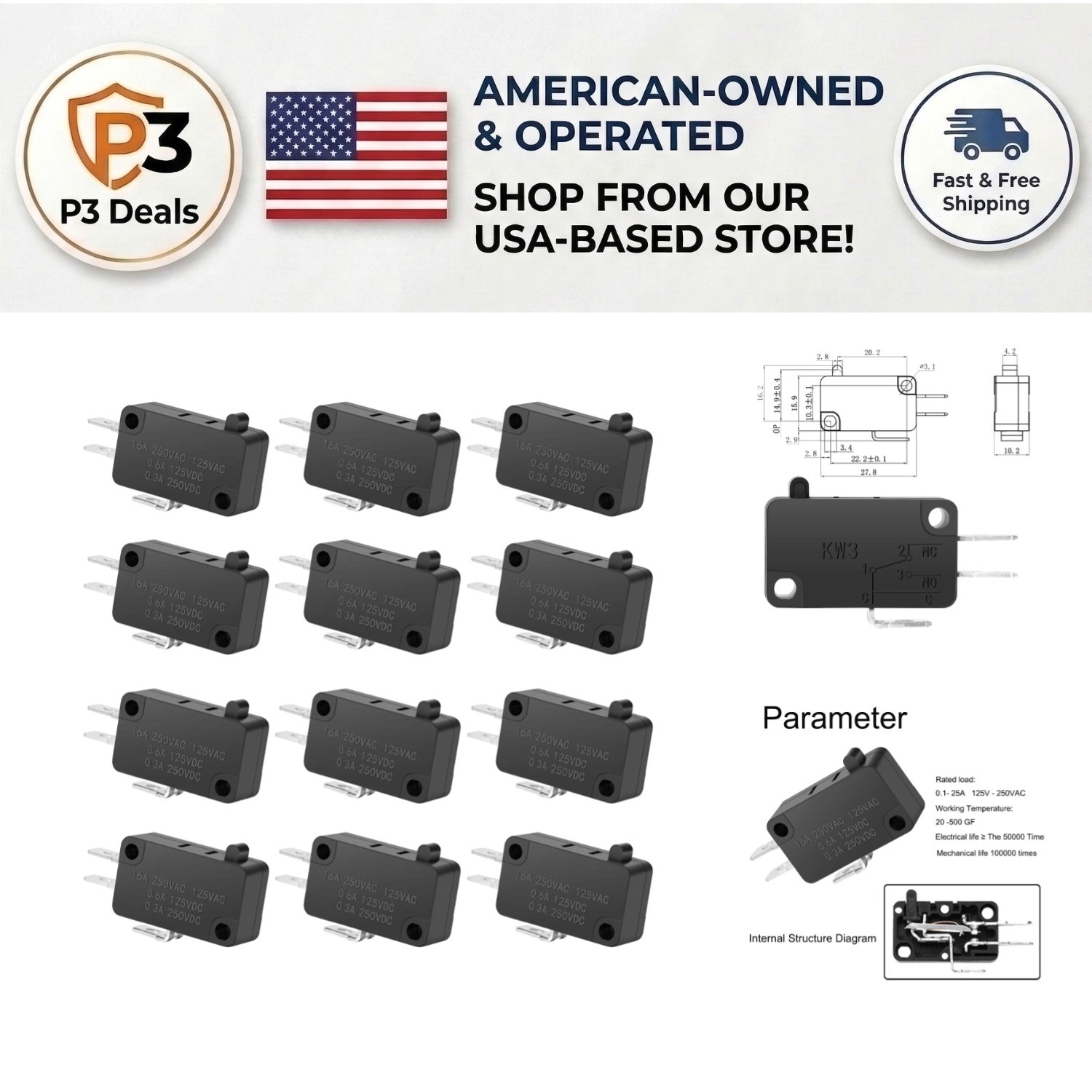 16A SPDT Push Button Micro Limit Switch - 125V/250V, 12-Pack for Versatile Use 16A SPDT Push Button Micro Limit Switch - 125V/250V, 12-Pack for Versatile Use