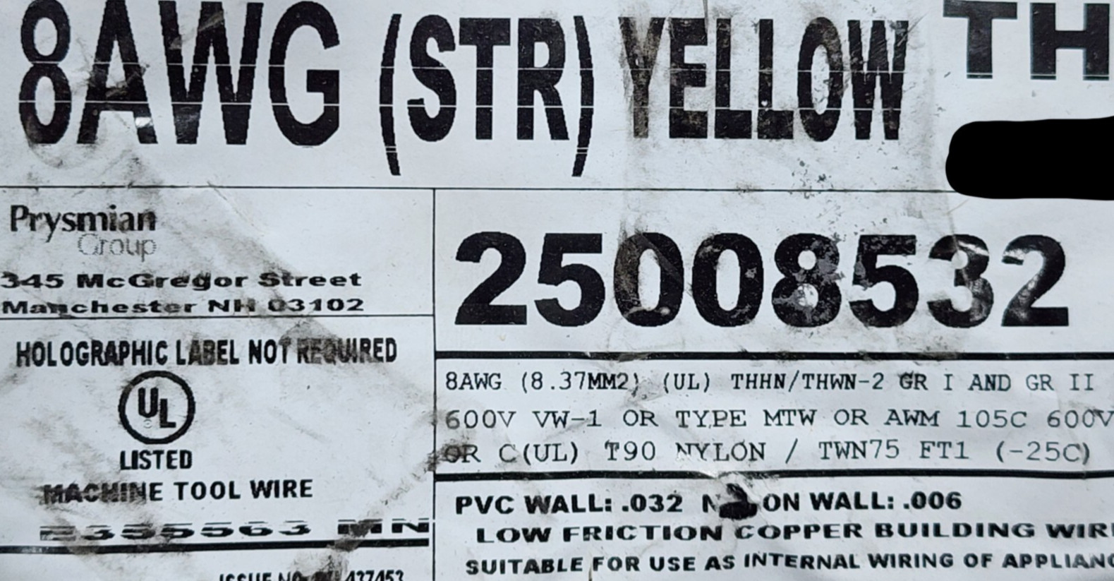 Prysmian/General Cable #8awg 19 Stranded THHN/THWN-2 Building Wire Yellow /50ft