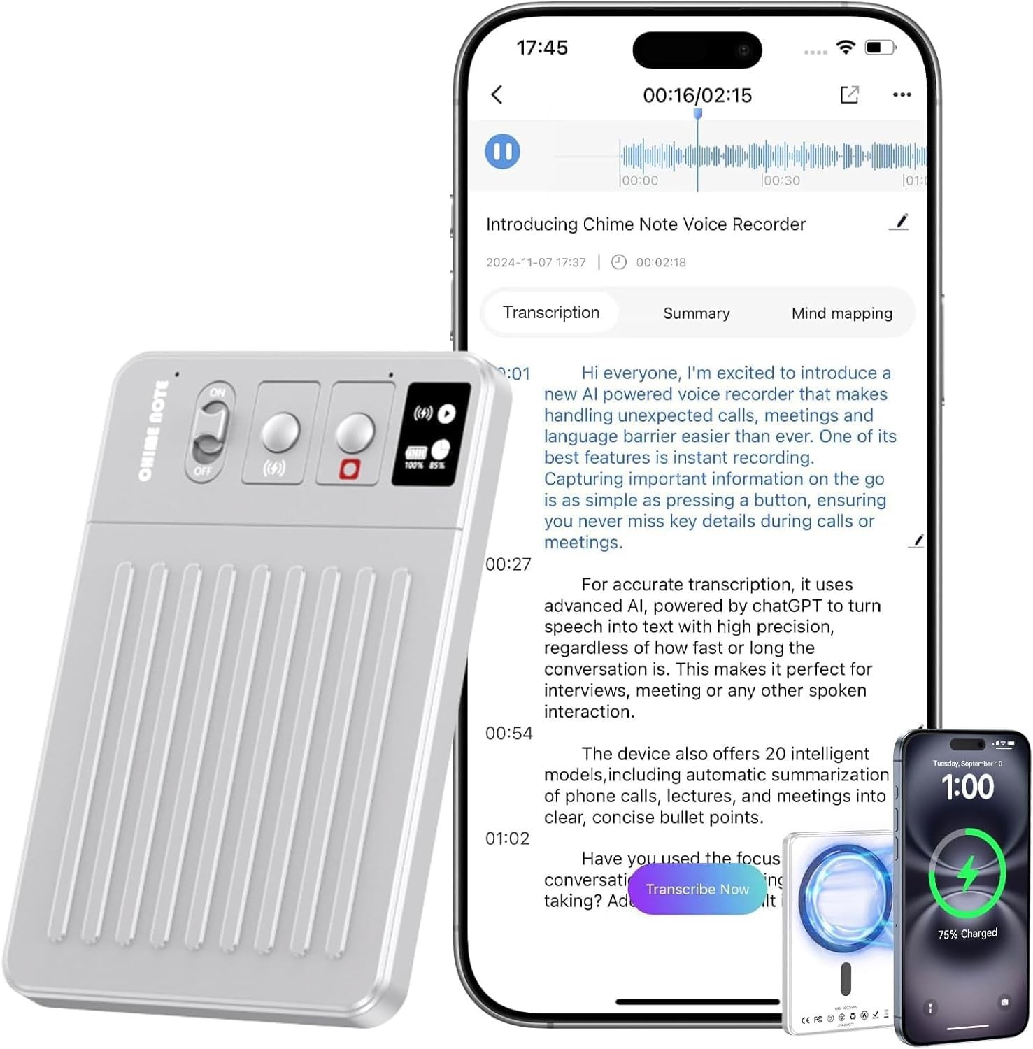 AI Voice Recorder, ｜Custom Summary｜Real-time Translation｜Wireless Charging.
