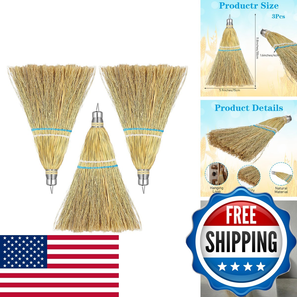Ckhoid 3 Pcs 12 Inch Whisk Broom Hand Held Handmade Mini Corn Broom Straw Solid