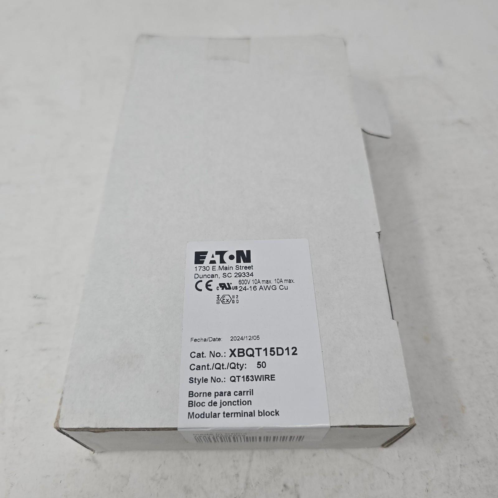 Eaton Multi-Conductor Terminal Blocks XBQT15D12 3-Wire New 24-16 AWG CU 50 Count Eaton Multi-Conductor Terminal Blocks XBQT15D12 3-Wire New 24-16 AWG CU 50 Count