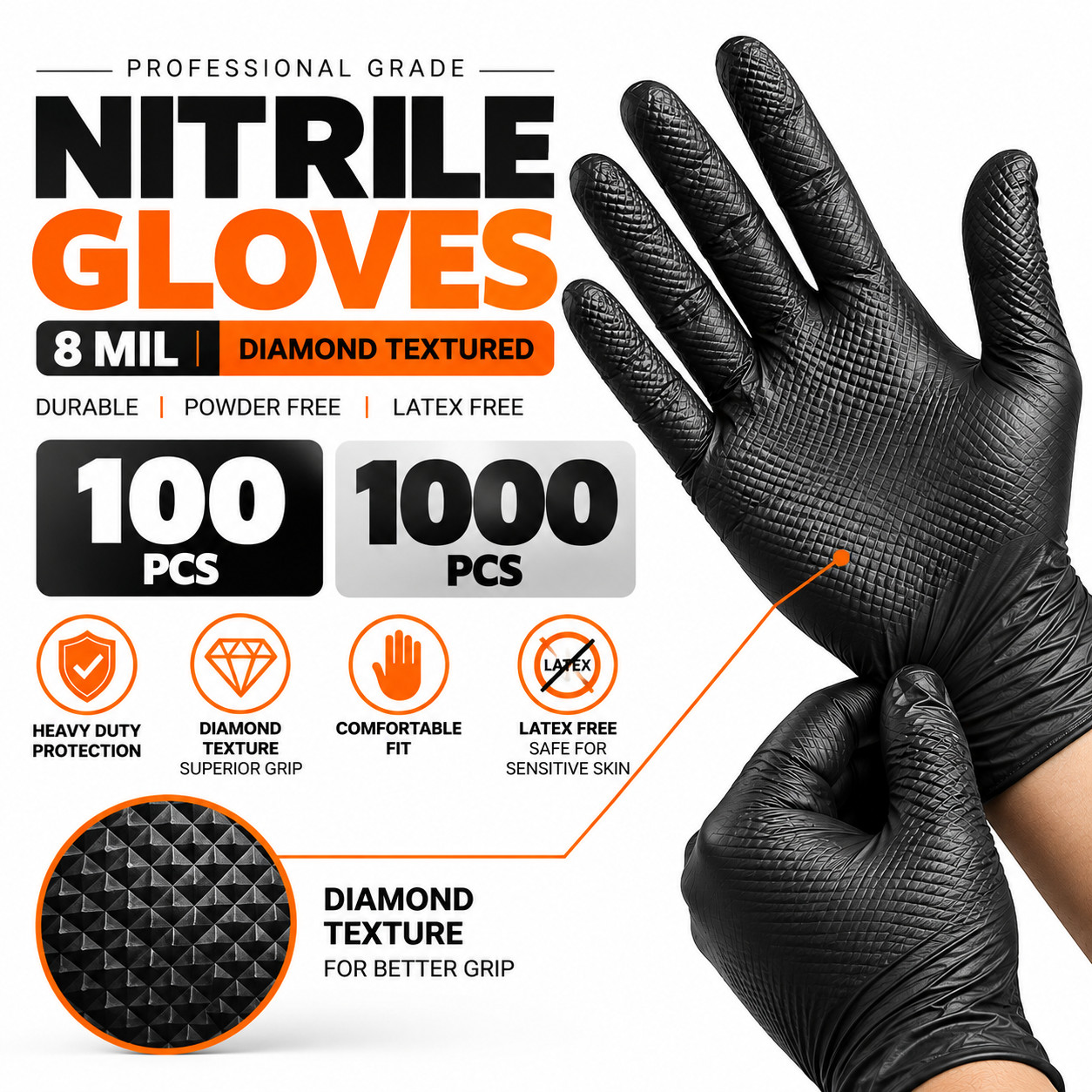 Black/Orange Nitrile Gloves 8 Mil Raised Diamond Textured | Fast Ship