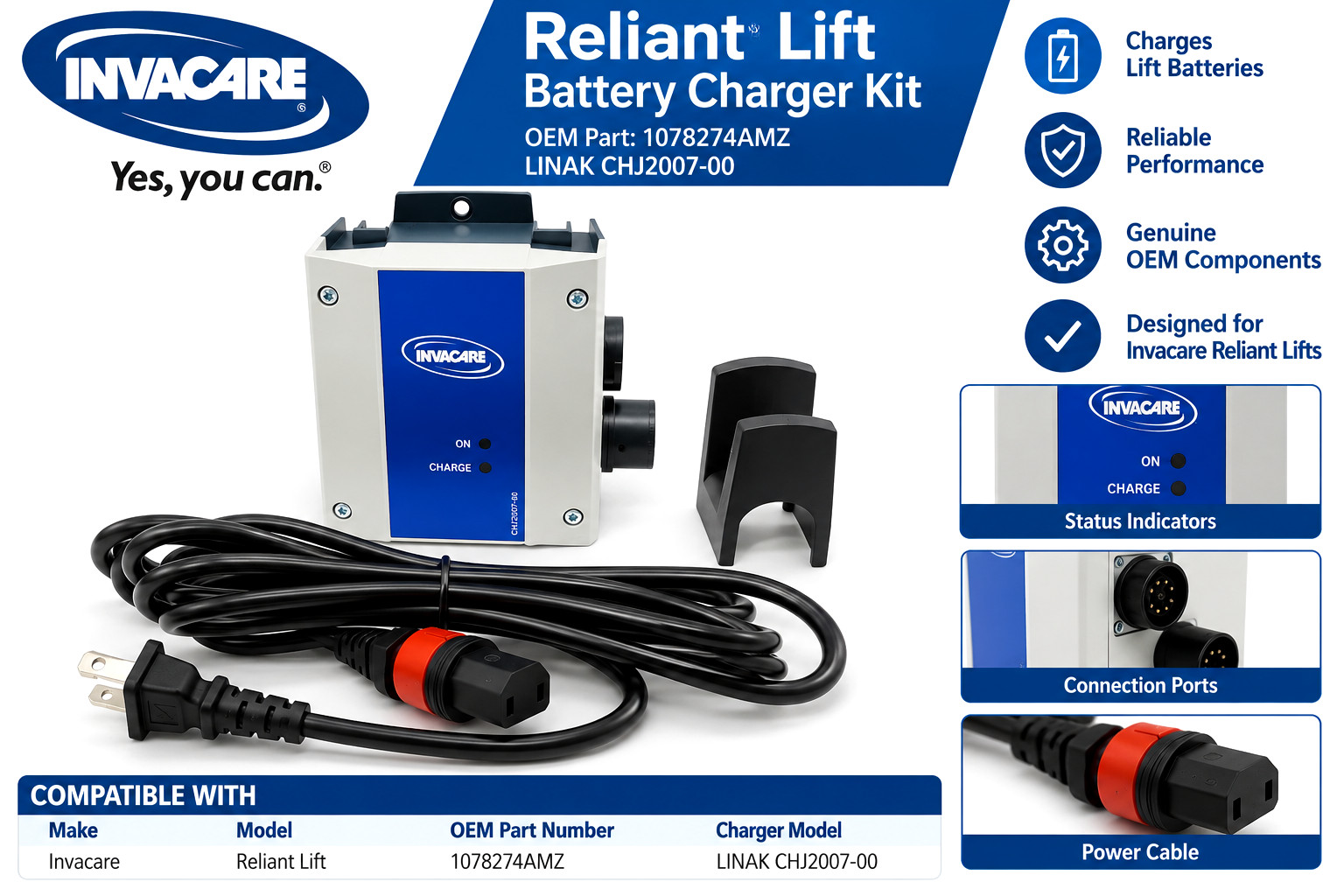 Invacare Reliant Lift Battery Charger Kit 1078274AMZ LINAK CHJ2007-00 