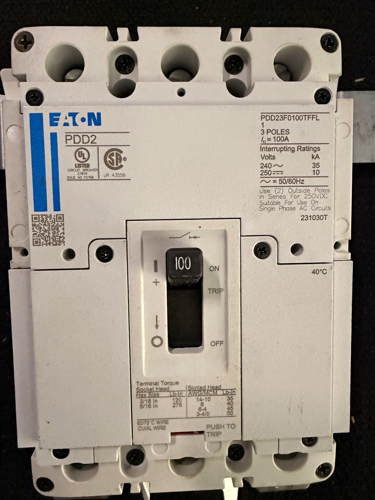 Eaton PDD2 PDD23F0100TFFL 100A 3-Pole Circuit Breaker 201-250V