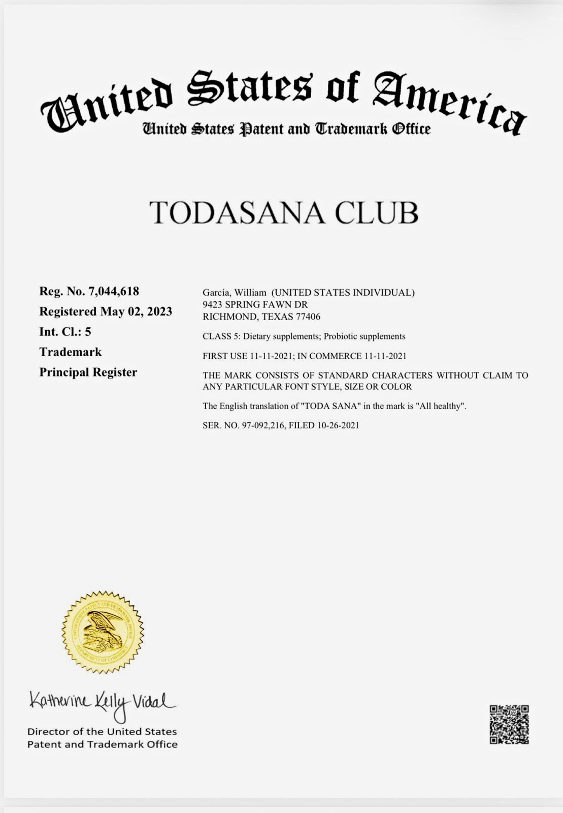 FOR SALE United States TODASANA CLUB® Trademark Registration Amazon FBA