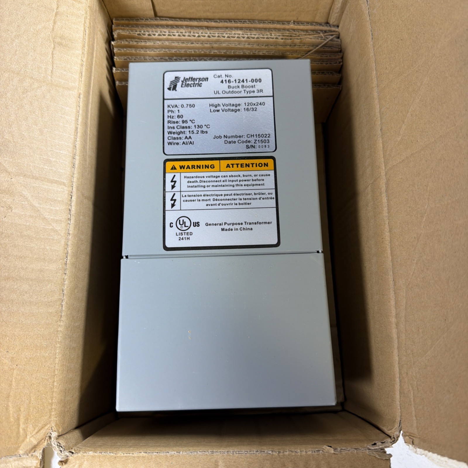 Jefferson Electric 416-1241-000 Transformer .75 kVA, 1PH, 120x240 Primary, 16/32
