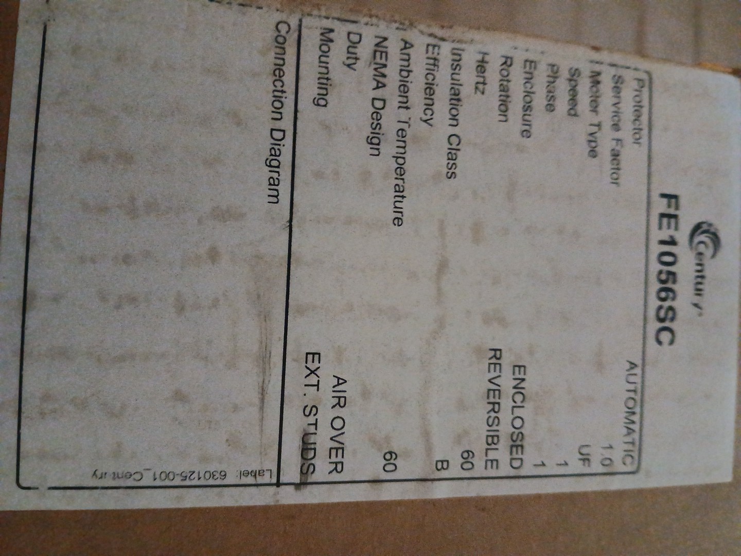  Century Motors FE1056SC 1/2HP 208-230V 1075RPM 48Y Mtr Includes New 10mf Cap.
