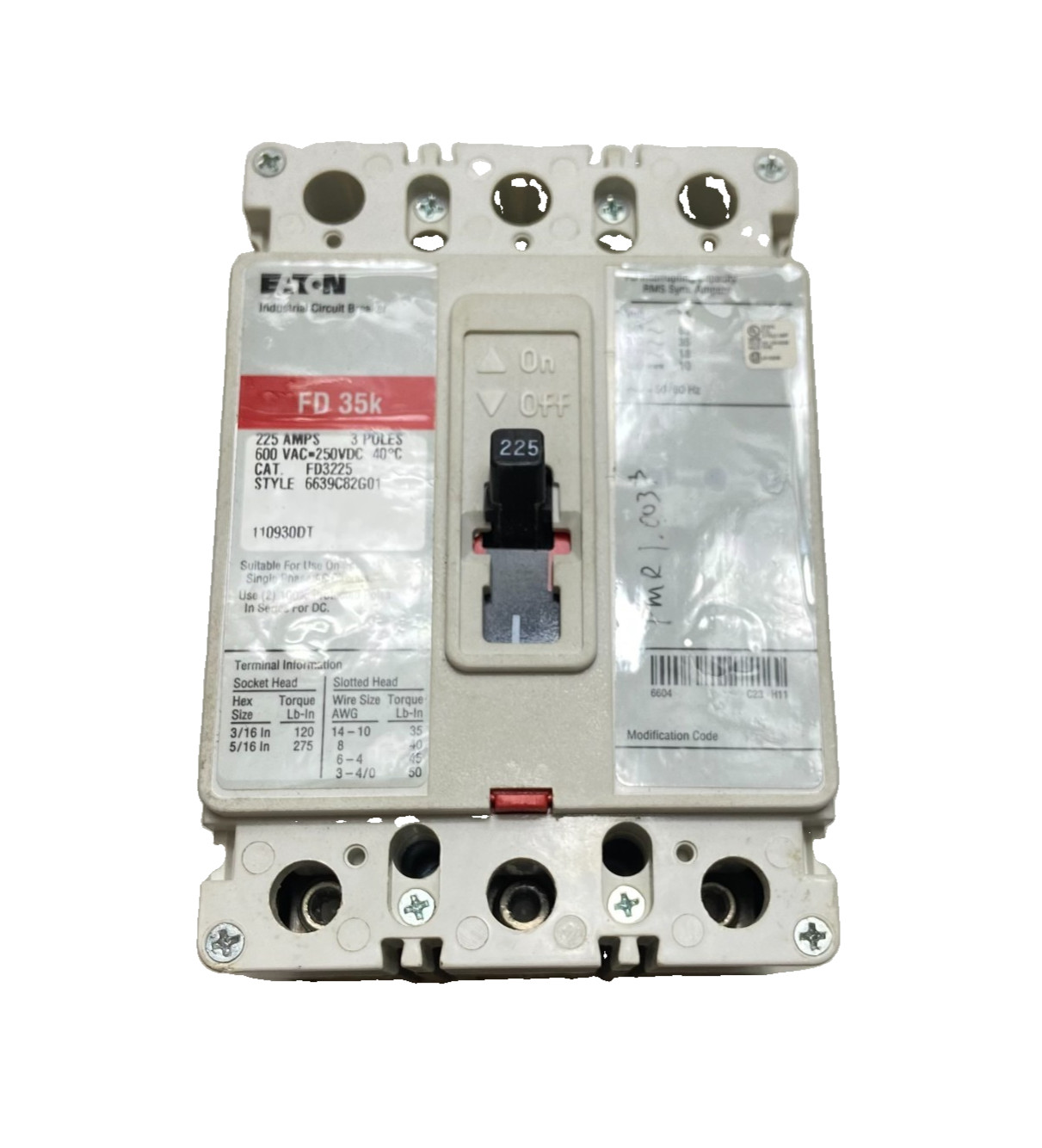 EATON CUTLER HAMMER FD3225 Circuit Breaker 3 Pole 225 Amp 600V