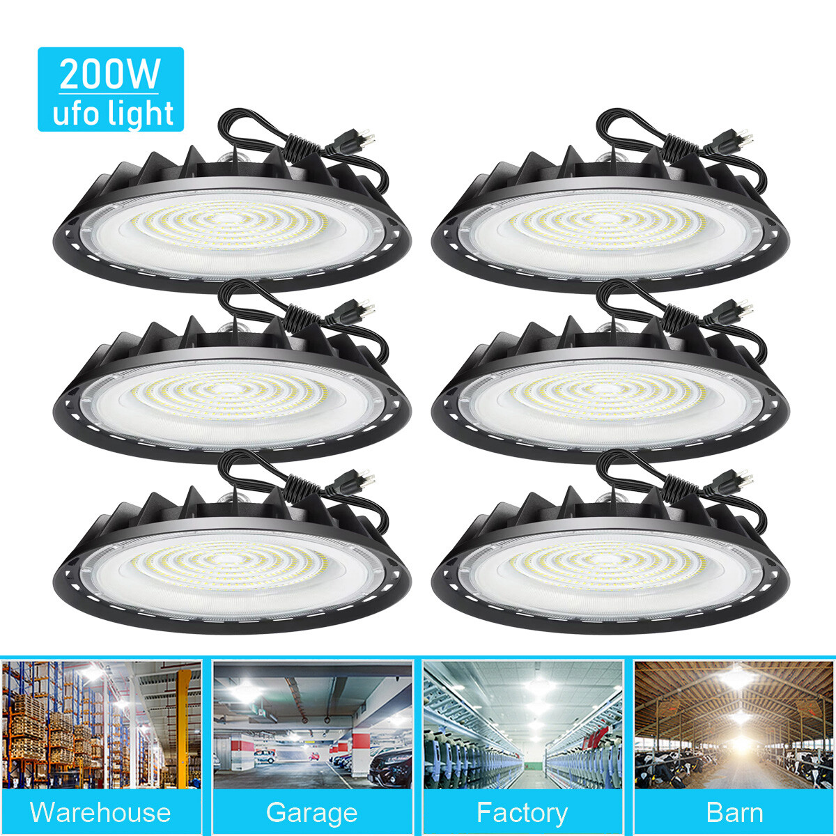 6 Pcs 200W UFO Led High Bay Light Commercial Industrial Warehouse Factory Light