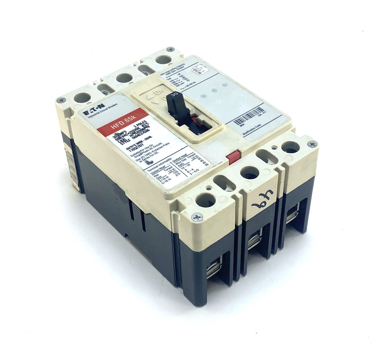 Eaton HFD3030BP10 3 Pole 30 Amp 600 Vac Circuit Breaker Eaton HFD3030BP10 3 Pole 30 Amp 600 Vac Circuit Breaker