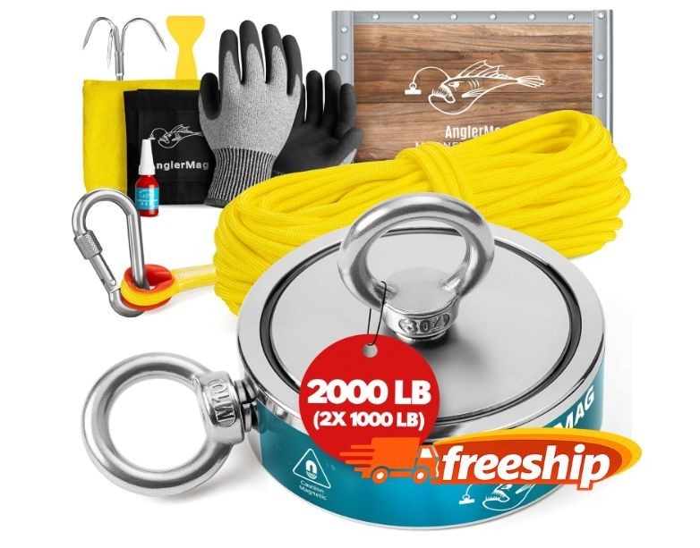 Kit pesca con imán 2000 lb con cuerda, gancho, guantes y bolsa, juego completo