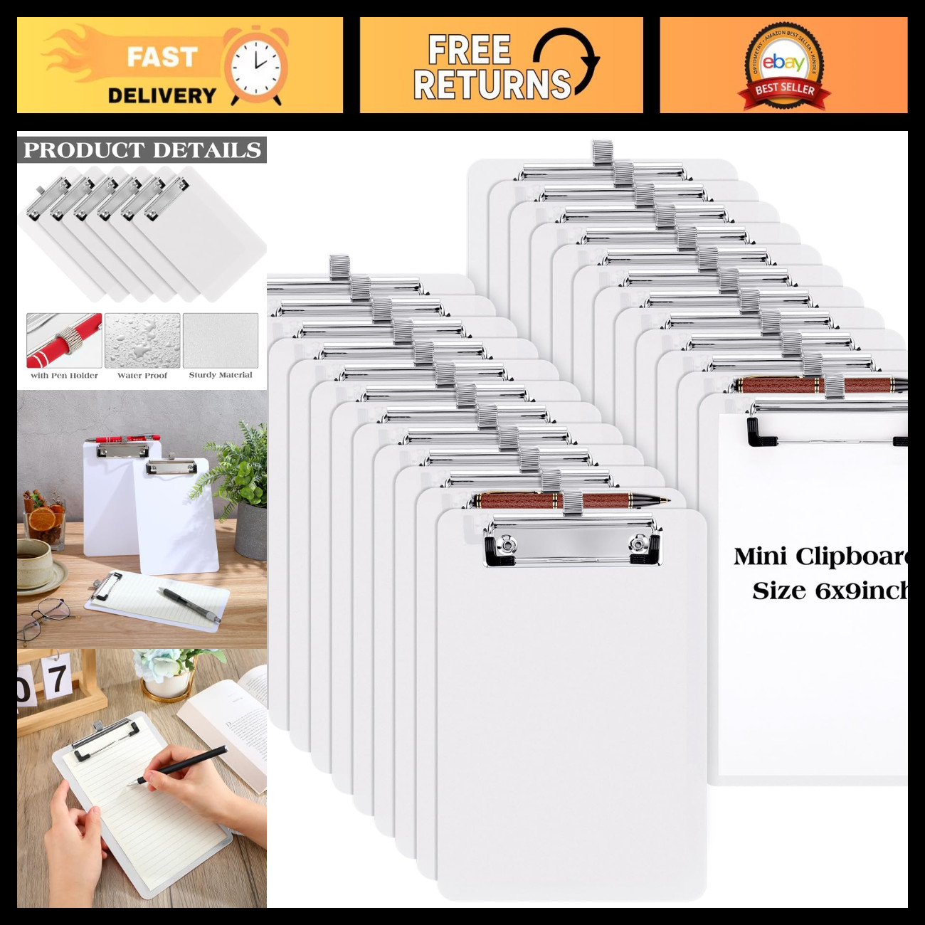 24 Pcs Mini Clipboards 6x9 with Pen Holder - Plastic Memo Boards, White