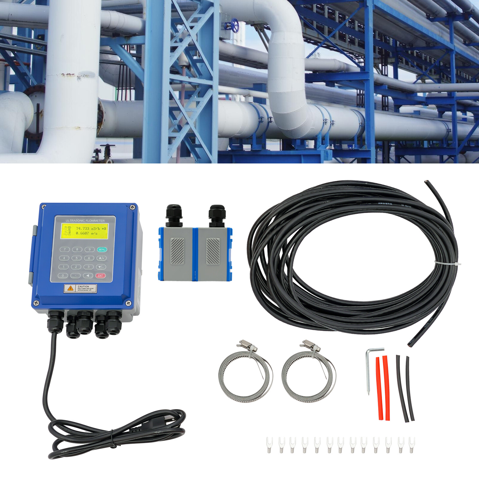 TUF-2000B Ultrasonic Flowmeter Wall Mounted Digital Host Water Flow Meter Set US