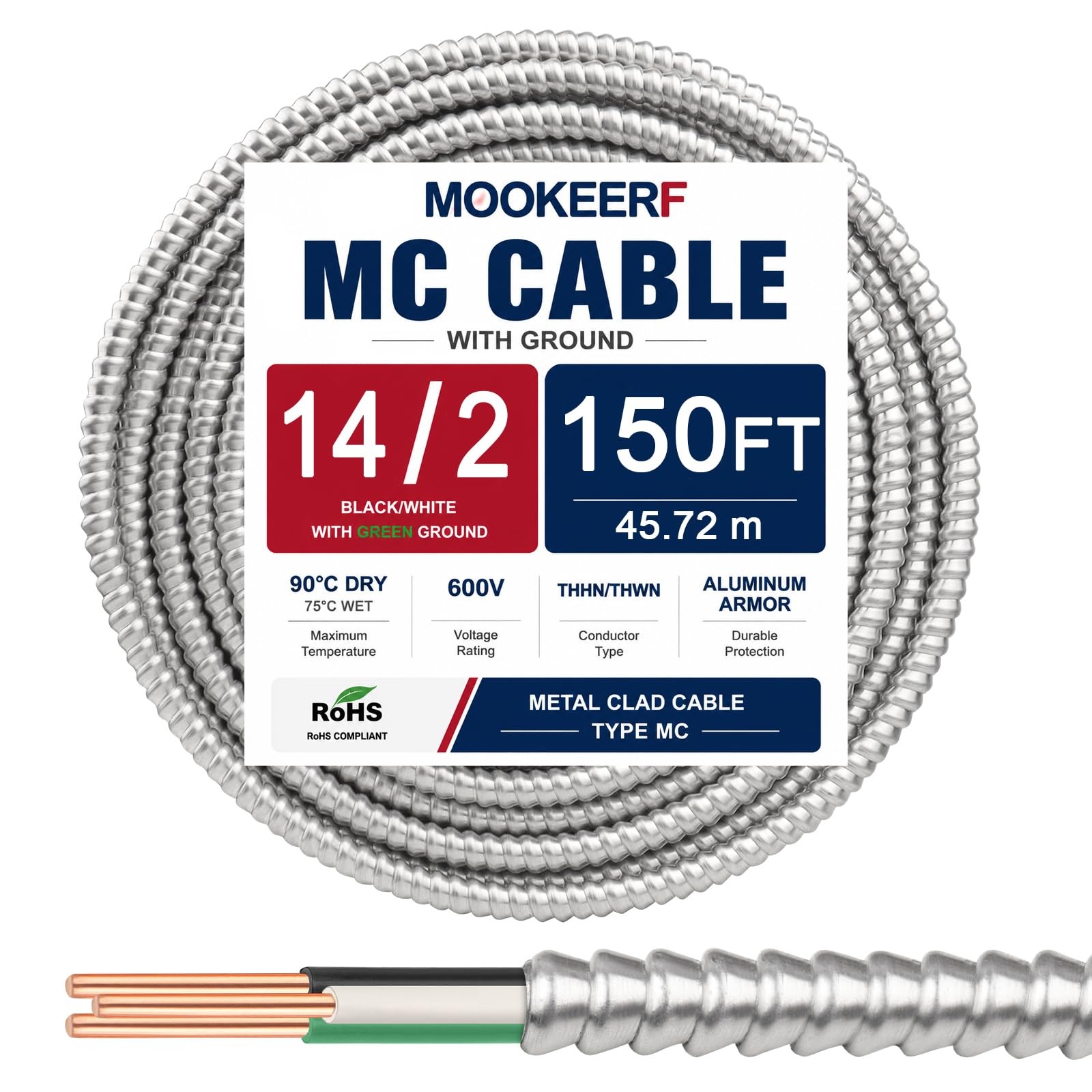 MOOKEERF 14/2 MC Cable with Ground - 150FT Pure Copper 14AWG/2 Metal Clad Wir...