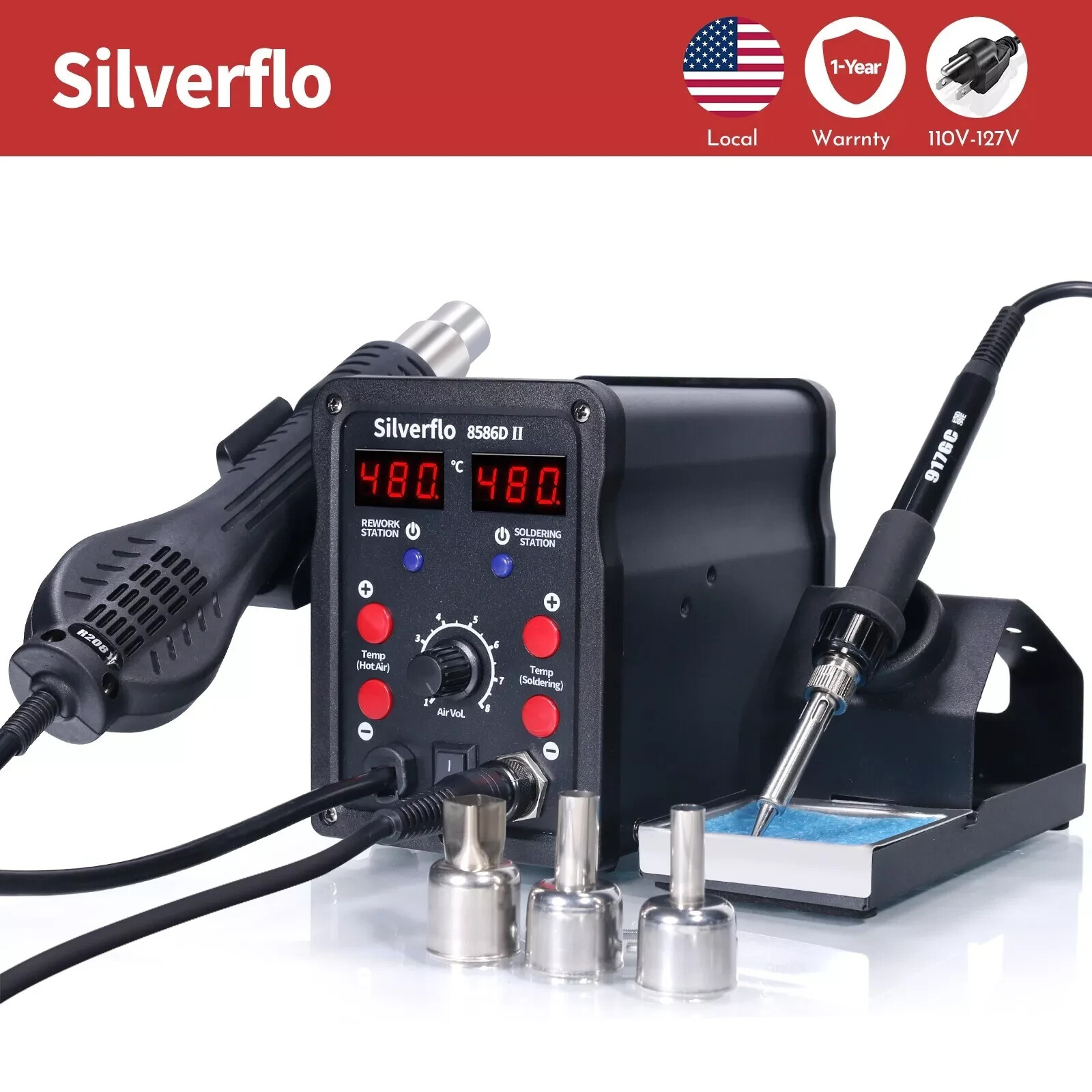 Silverflo 2-in-1 Digital Soldering Station Hot Air Rework Iron Kit SMD Repair